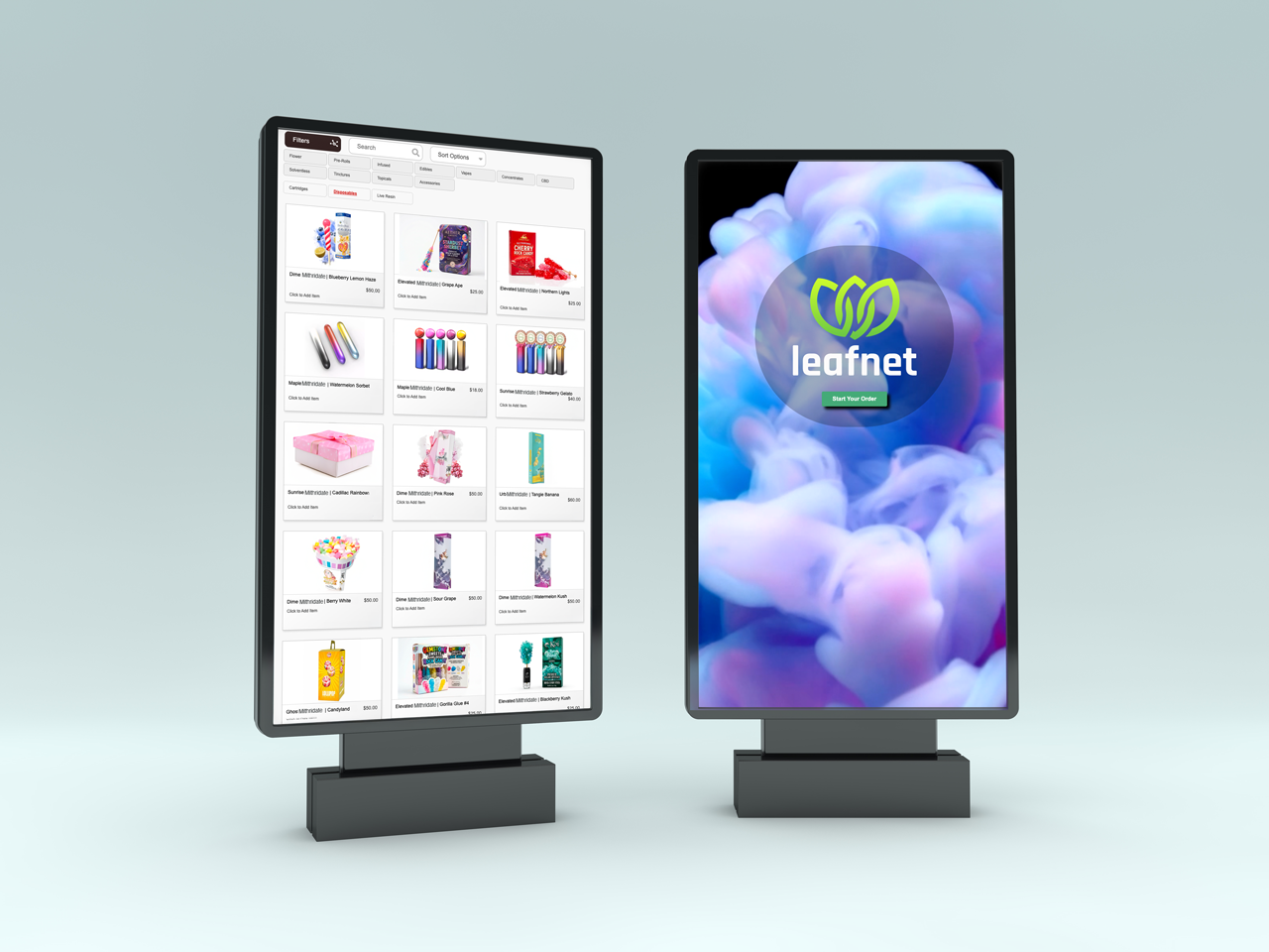 LeafnetPOS kiosk ordering displays showing self-service browsing and branded customer-facing screens