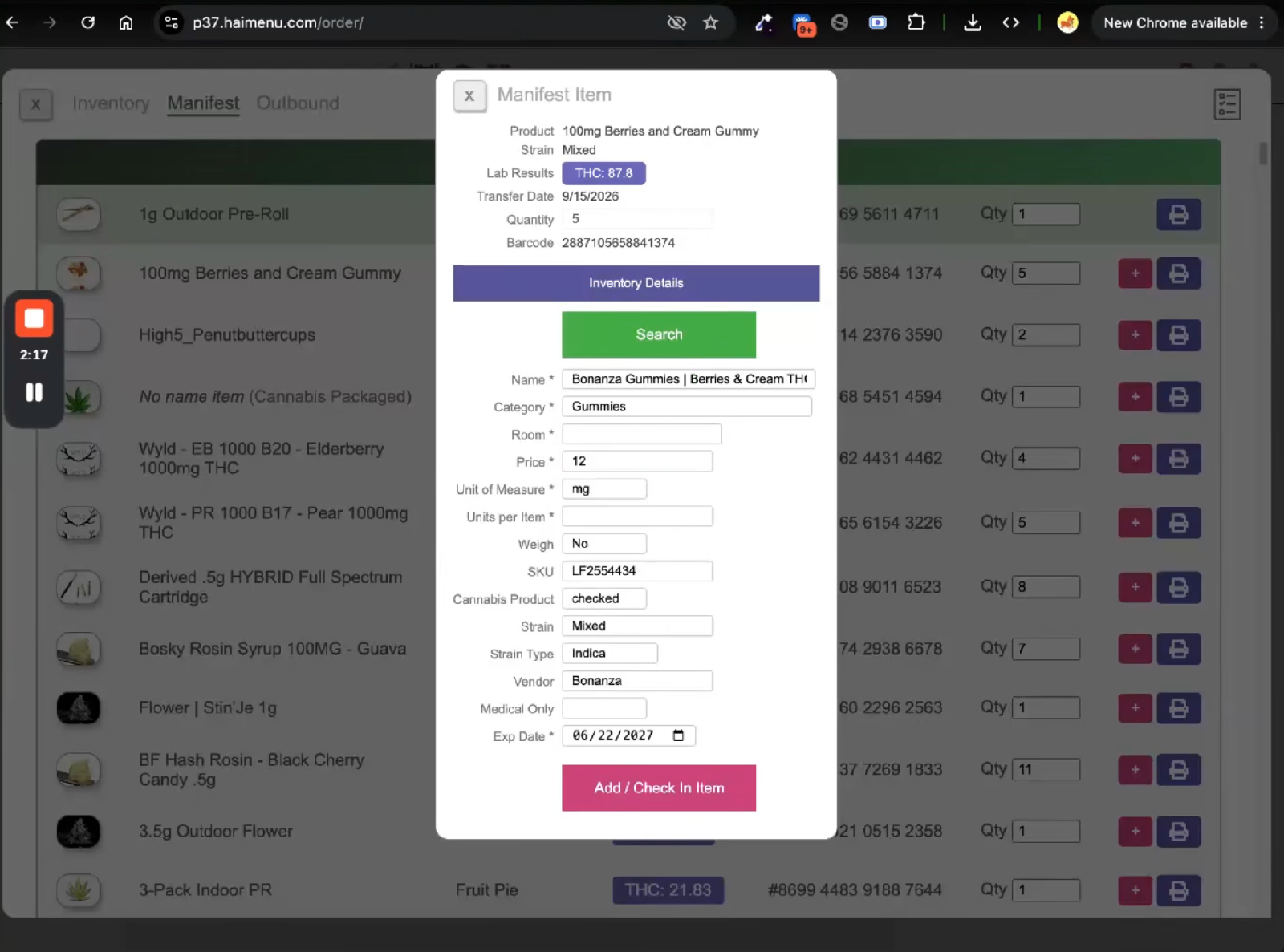 Screenshot of the Manifest tab in Leafnet POS showing items ready to receive from the NMS2S Sales Floor Room